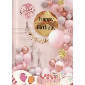 Rosa und grauer Ballonbogen-Set mit Happy Birthday Banner, Sternen und Konfettiballons - Luftballons