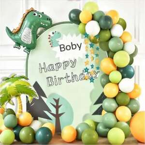 Dino Party balloon arch kit, green, yellow, white balloons, dinosaur balloon, palm tree balloon, banner, happy birthday, party decoration - OEM