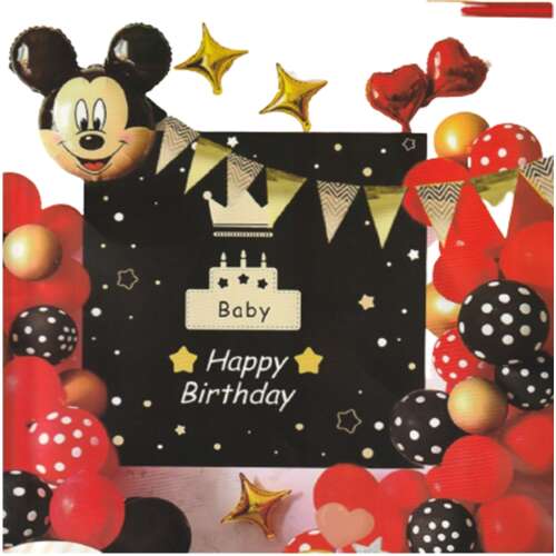 Zestaw łuków balonowych Mickey Mouse, czerwone i złote balony, baner happy birthday, topper na tort dla dziecka