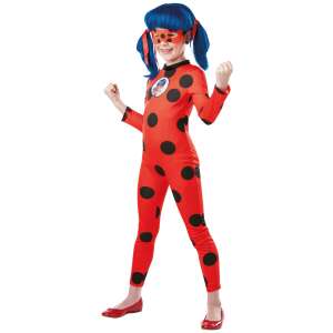 Kostium Miraculous Ladybug Deluxe dla dziewczynek, czerwono-czarny kombinezon z nadrukiem biedronki, w zestawie maska i pluszowa Tikki - Disney Kostium dla dzieci