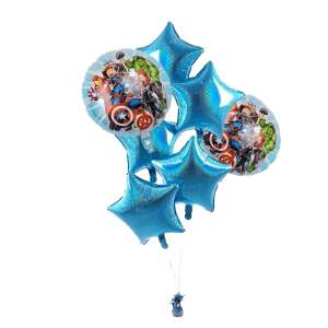 Bukiet balonów Avengers, 7 balonów, niebieskie balony w kształcie gwiazd, okrągły balon z postaciami Avengers, dekoracja na imprezę - Bułka w powietrzu