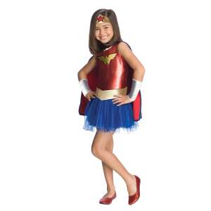 Wonder Woman costume for girls, size S, 3-4 years old, includes dress, cape, headband, and wrist cuffs - DC