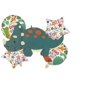 Rino Party dinosaur balloon bouquet, includes a large dinosaur balloon, two star balloons, and two smaller dinosaur balloons - Home & Garden