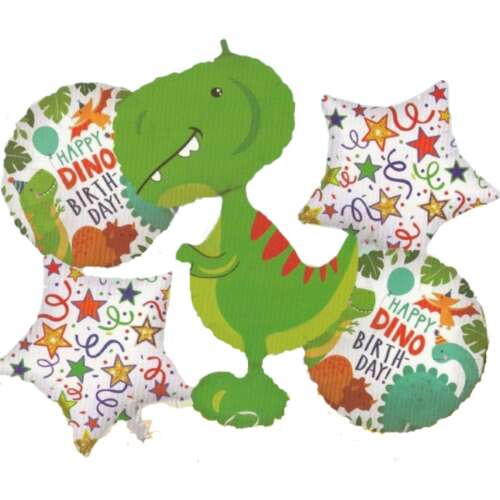 Bukiet balonów z dinozaurami, 5 sztuk, zawiera duży balon z dinozaurem, 2 balony w kształcie gwiazd i 2 okrągłe balony z motywami dinozaurów, idealny na przyjęcia urodzinowe