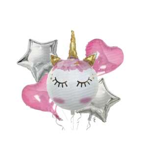 Unicorn balloon bouquet with pink hearts and silver stars - Home & Garden