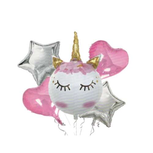 Unicorn balloon bouquet with pink hearts and silver stars