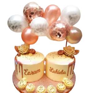 Roségoldene und weiße Latexballons mit Konfetti zur Tortendekoration - Luftballons