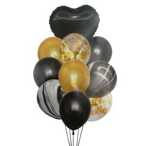 Schwarz-goldener Ballon-Bouquet mit Herzballon, Konfettiballons und Marmorballons - Luftballons