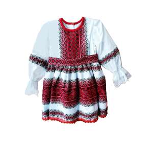 Ania Traditional Romanian Dress for Girls, White with Red and Black Embroidery, 1 Year Old - OEM