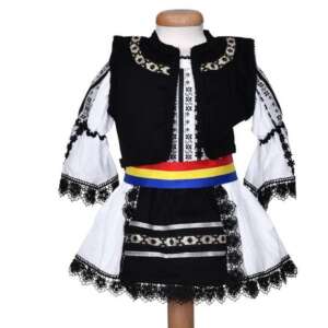 Traditional Romanian folk costume for girls, white blouse with black embroidery, black vest, black skirt with gold embroidery, red, yellow and blue sash - Costume for Kid