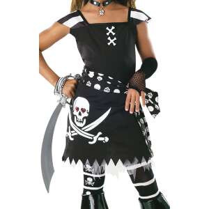 SCAR-LET girls pirate costume, black dress with skull and crossbones design, white tulle skirt, belt, arm cuffs, and shoe covers - OEM