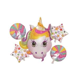 Bukiet balonów Unicorn Magic, zawiera 1 duży balon jednorożca, 2 balony w kształcie gwiazd i 2 balony spiralne - Bułka w powietrzu