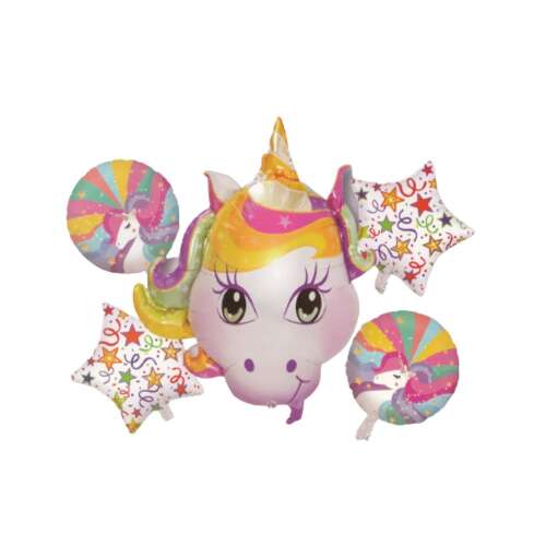 Bukiet balonów Unicorn Magic, zawiera 1 duży balon jednorożca, 2 balony w kształcie gwiazd i 2 balony spiralne