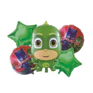 Bukiet balonów PJ Masks, 5 sztuk, zawiera Gekko, Owlette i Catboy, zielone i czerwone balony foliowe, 45cm i 65cm - Bułka w powietrzu
