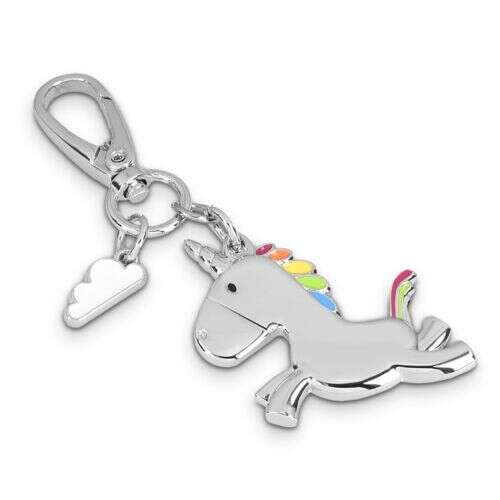 Navaris silver unicorn keychain with rainbow mane and tail, cloud charm, and carabiner clip