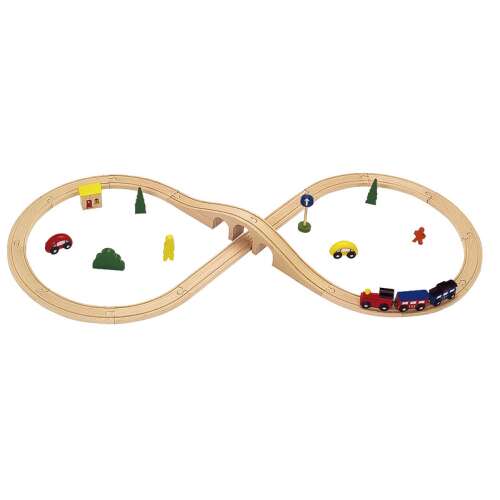 Set de tren din lemn cu șine, pod, tren, mașini și accesorii