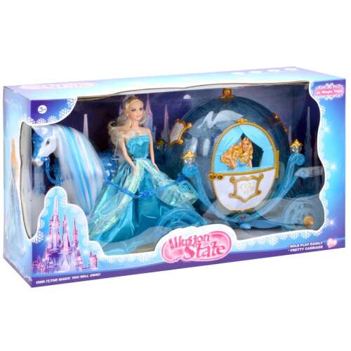 Игрален комплект Magic State Пепеляшка с карета, синя карета във формата на тиква с бял кон, карета с осветление, кукла принцеса, кукла Пепеляшка, игрален комплект за момичета