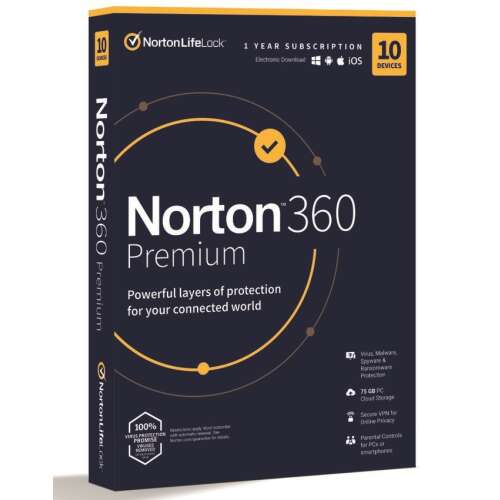 Cutie software antivirus Norton 360 Premium pentru 10 dispozitive, abonament de 1 an