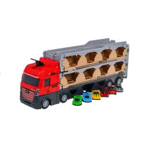 Red toy truck with catapult, transforming into a race track, with 6 small cars - Ramiz