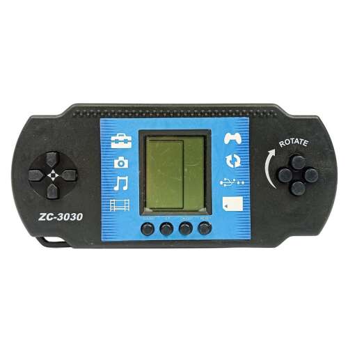 Ruková konzola Tetris LCD, čierna a modrá, s viacerými hrami, pohľad spredu
