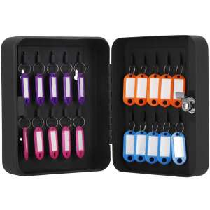 Springos key cabinet with 20 key hooks, black, open, showing key tags - Springos