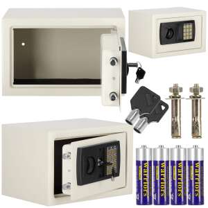 Springos metal safe with electronic keypad and key lock, white, open and closed view, with accessories - Security Safe