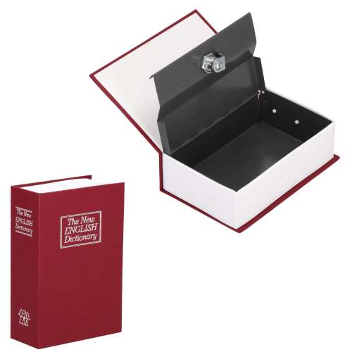 Seif, caseta valori, cutie metalica cu cheie, portabila, tip carte, visiniu, 11.5x5.5x18 cm, Springos