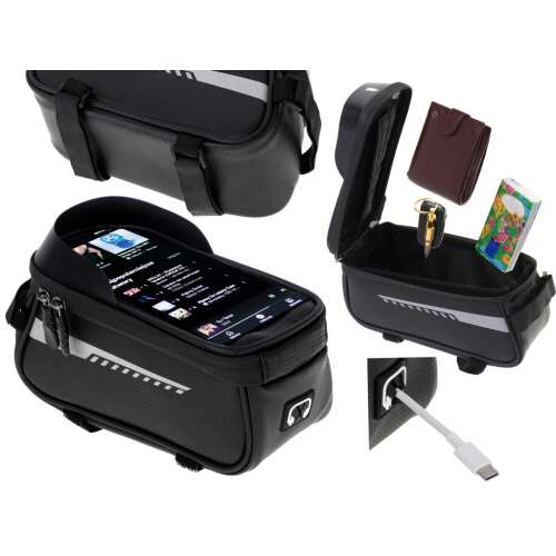 Waterproof bike handlebar bag with phone holder, black