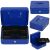 Springos blue metal cash box with coin tray, multiple views