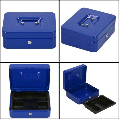 Springos blue metal cash box with removable tray and multiple compartments