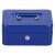 Springos blue metal cash box with compartments, key lock, and handle, closed
