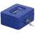 Springos blue metal cash box with compartments, key lock, and handle, closed