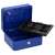 Springos blue metal cash box with compartments, key lock, and handle, open with compartments tray