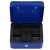 Springos blue metal cash box with compartments, key lock, and handle, open with compartments tray