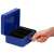 Springos blue metal cash box with compartments, key lock, and handle, open with hand