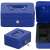 Springos blue metal cash box with compartments, key lock, and handle, closed