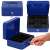 Springos blue metal cash box with compartments, key lock, and handle, open with hand