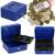 Springos blue metal cash box with compartments, key lock, and handle, open with compartments tray, with money inside