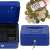 Springos blue metal cash box with compartments, key lock, and handle, open with compartments tray, with money inside