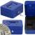 Springos blue metal cash box with compartments, key lock, and handle, closed, with money inside