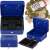 Springos blue metal cash box with compartments, key lock, and handle, open with compartments tray, with money inside