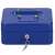 Springos blue metal cash box with compartments, key lock, and handle, closed