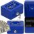 Springos blue metal cash box with banknotes collage