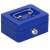 Blue metal cash box with key lock and handle, side view
