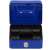 Blue metal cash box with key lock and handle, showing interior compartments