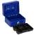 Blue metal cash box with key lock and handle, showing interior compartments