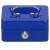 Blue metal cash box with key lock and handle, front view