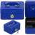 Blue metal cash box with key lock and handle, showing key and interior compartments