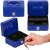 Blue metal cash box with key lock and handle, showing interior compartments and hand opening the box