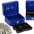 Blue metal cash box with key lock and handle, showing interior compartments and banknotes